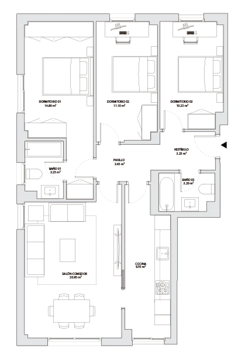 Plano de TIPOLOGÍA 3 HABITACIONES PRIMERA PLANTA ESQUINA.